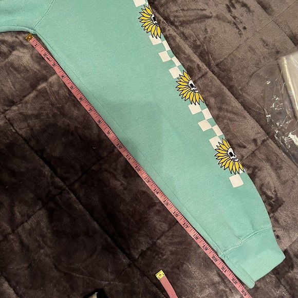 Eighty Eight Brand Medium Teal Aqua Hoodie Pullover Sweatshirt Skulls Sunflowers - Picture 12 of 14
